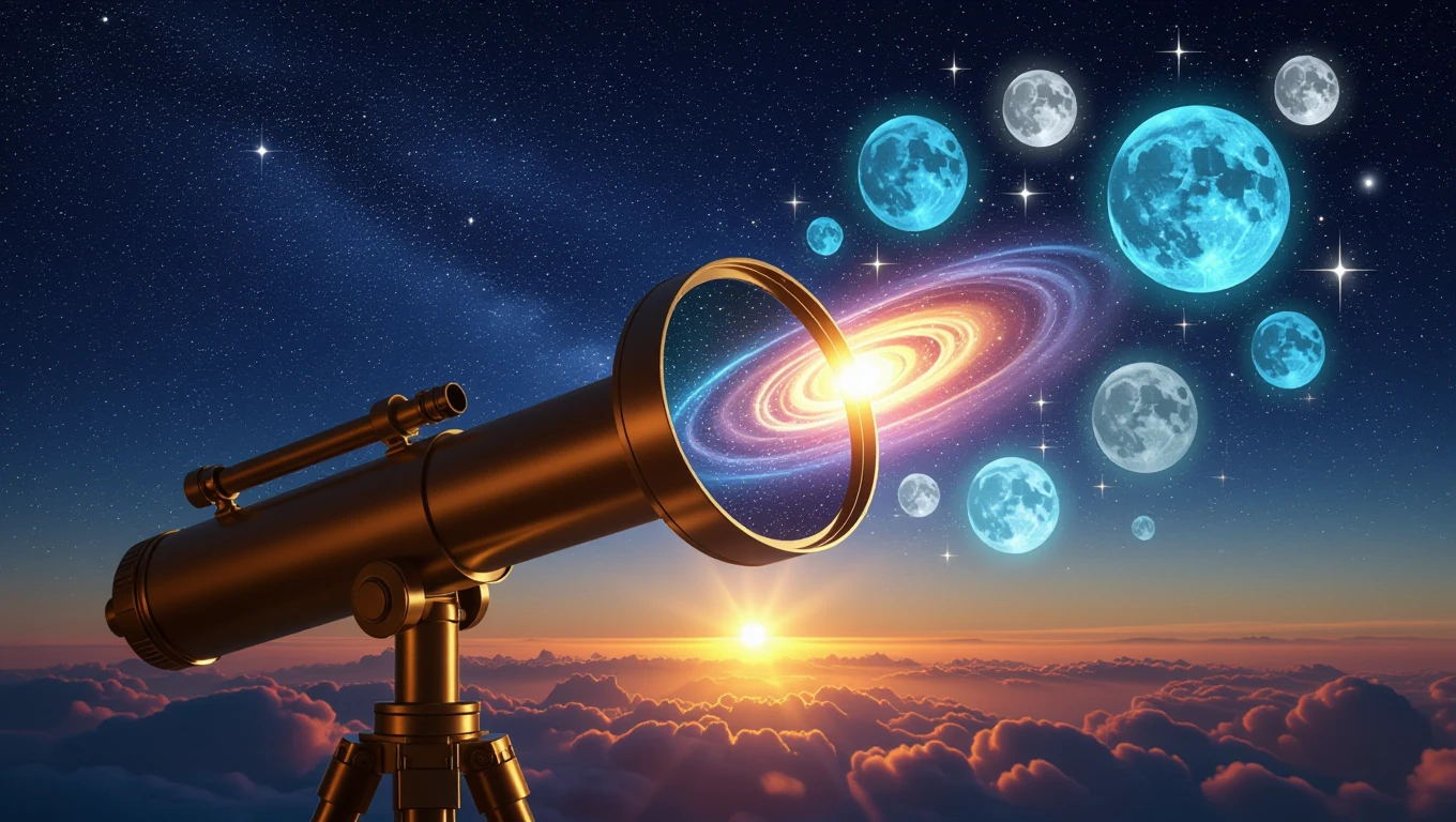 Ein Fernrohr blickt auf einen farbenfrohen Nachthimmel mit Planeten und Galaxien.