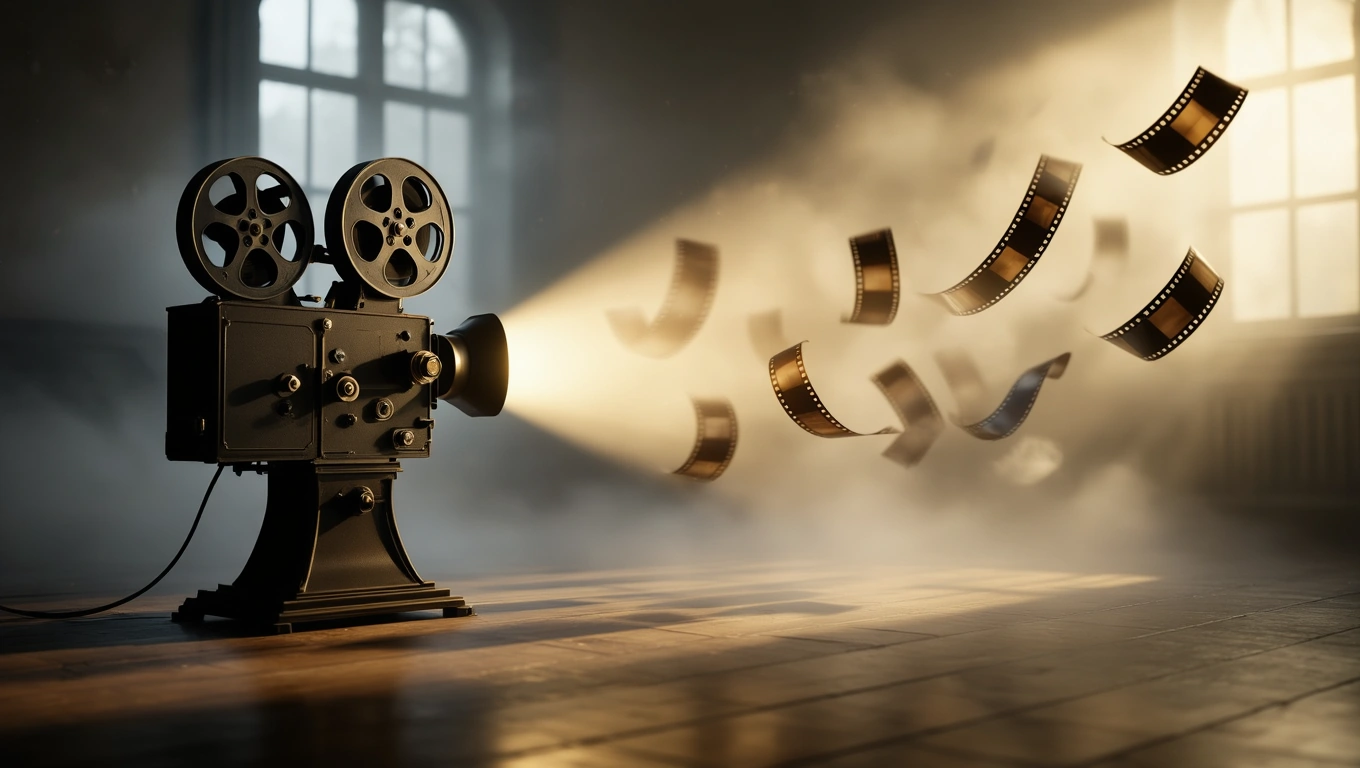 Ein alter Filmprojektor strahlt Licht auf fliegende Filmstreifen in einem dunklen Raum.