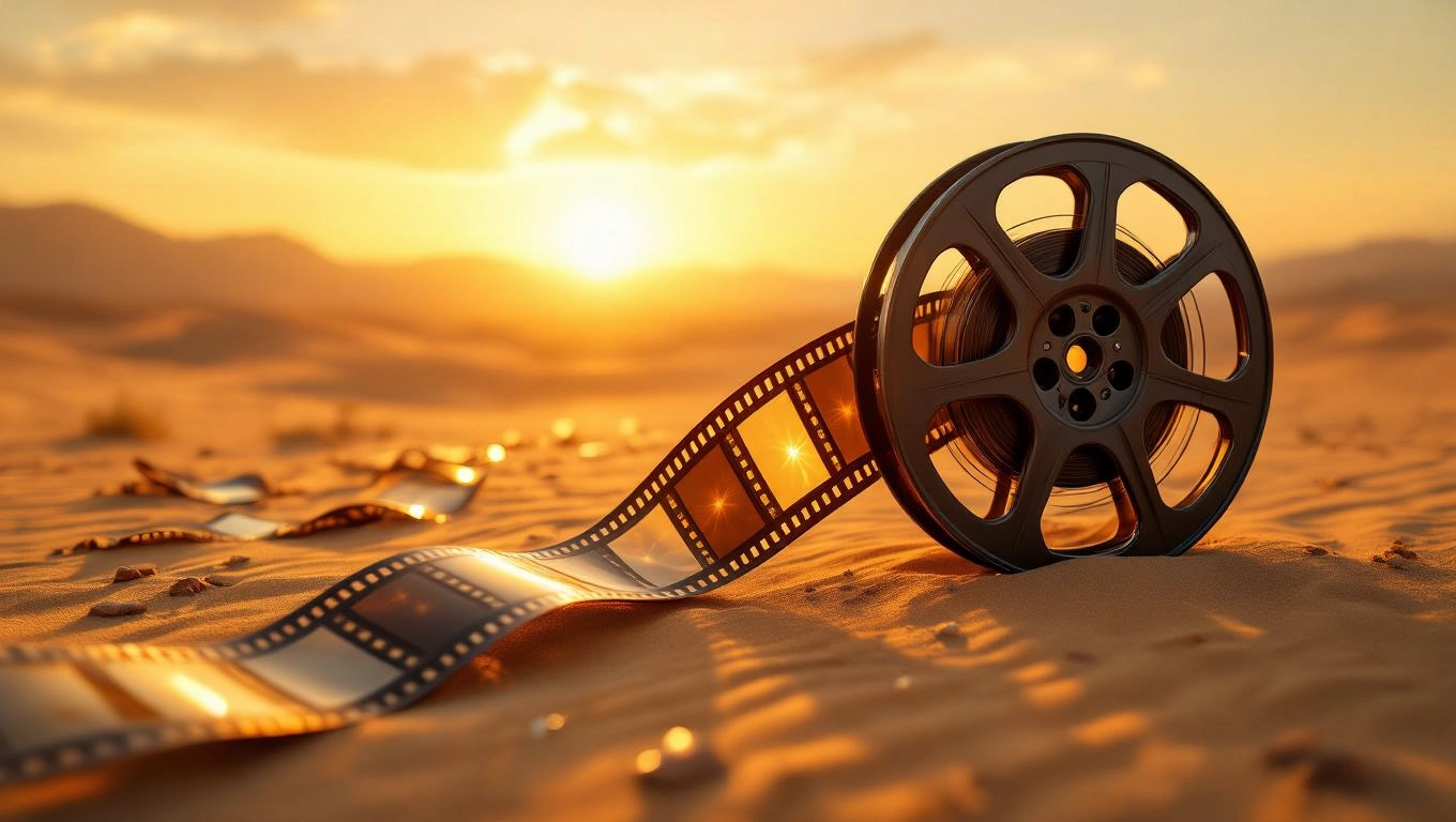 Eine Filmrolle liegt im Sand, während die Sonne untergeht und eine nostalgische Atmosphäre schafft.