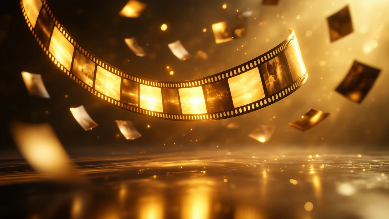 Eine schimmernde Filmrolle schwebt in einem goldenen Licht, umgeben von Bildern.