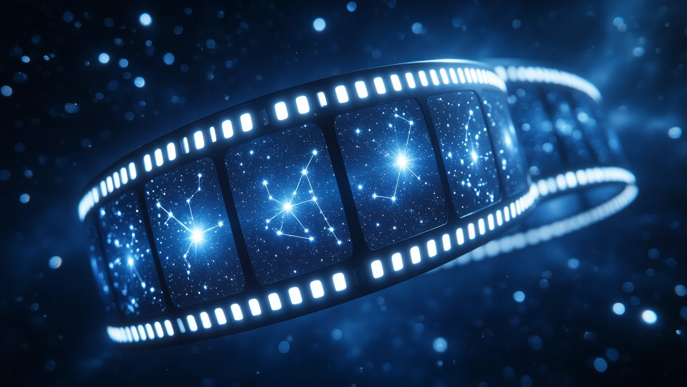 Eine Filmrolle mit leuchtenden Sternen und Konstellationen im Hintergrund.