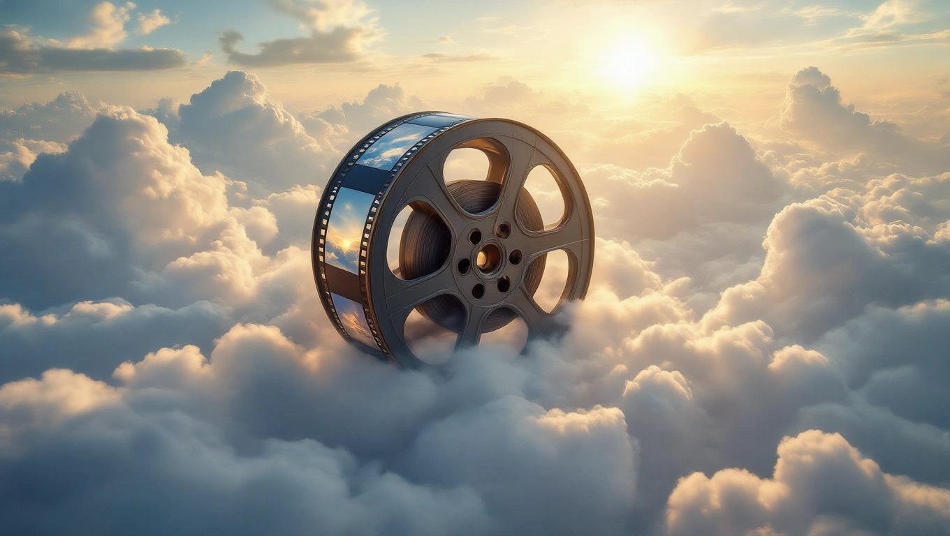 Eine Filmrolle schwebt über einer Wolkendecke im Sonnenlicht.
