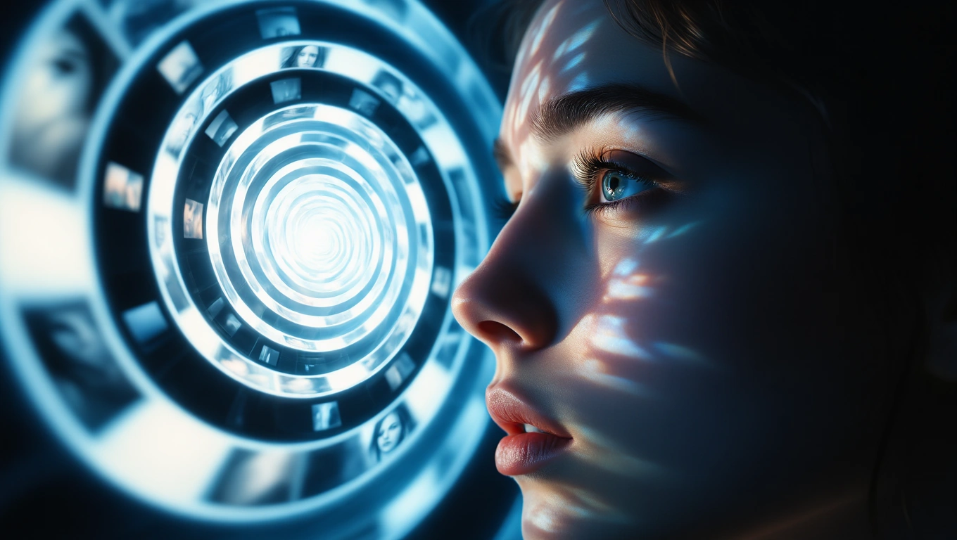 Eine Person betrachtet eine spiralförmige Filmrolle mit Bildern, die Erinnerungen symbolisieren.