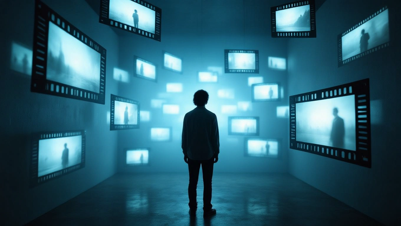 Eine Person steht vor mehreren Filmrollen, die Erinnerungen symbolisieren.