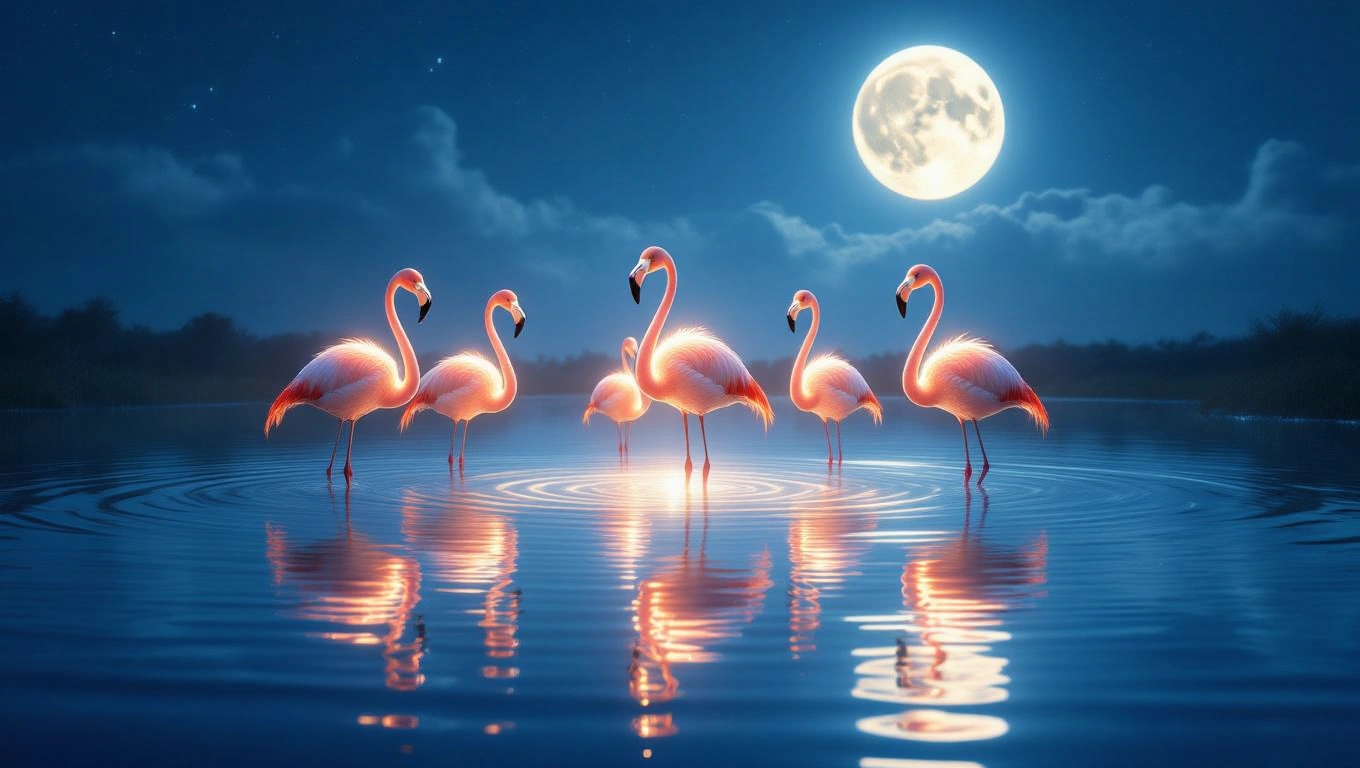Fünf Flamingos stehen elegant im Wasser unter dem Mondlicht.