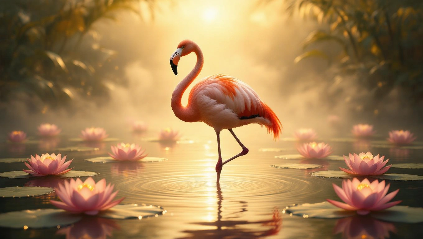 Ein eleganter Flamingo steht in einem ruhigen Teich mit Seerosen.