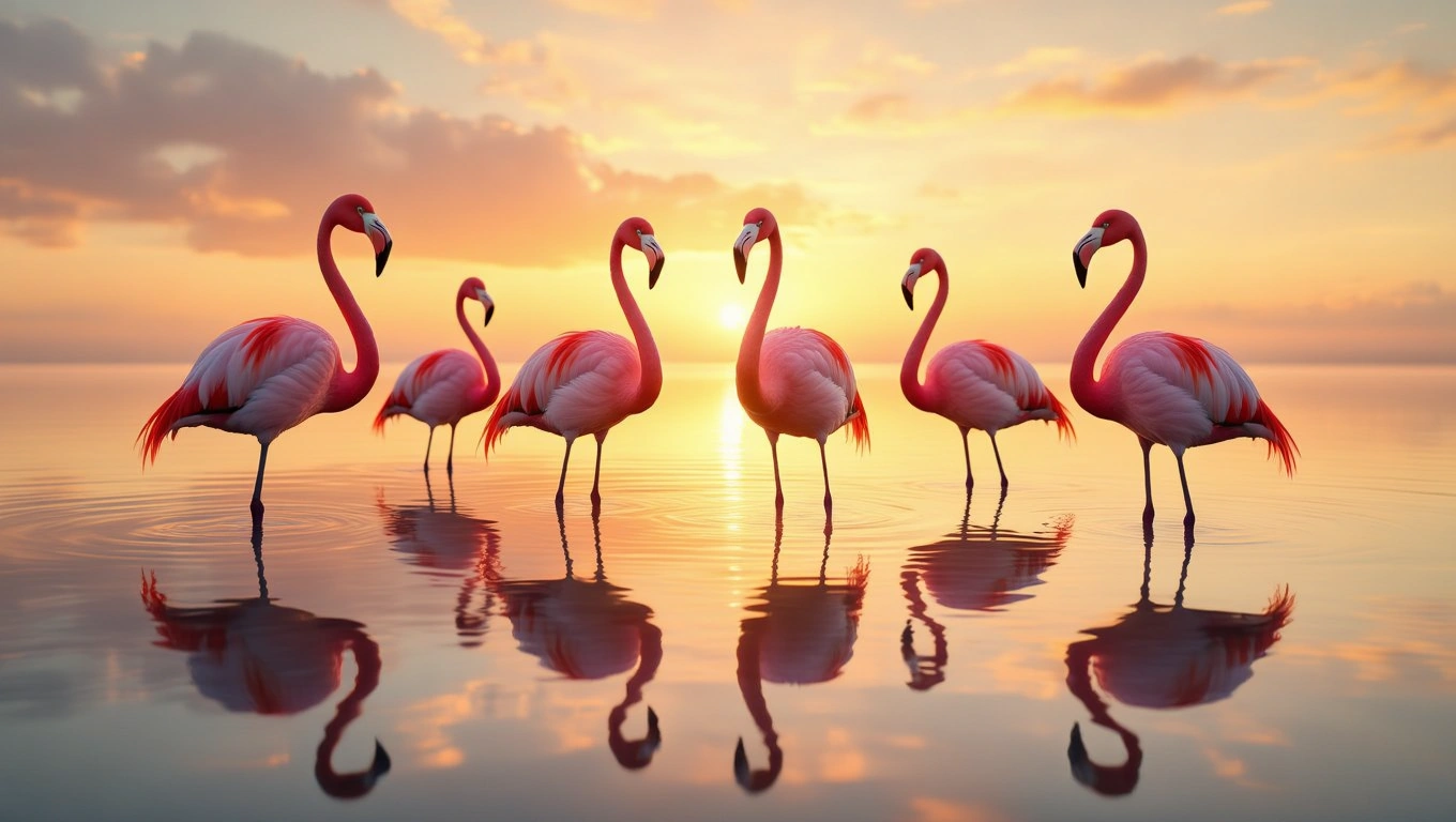 Sechs Flamingos stehen elegant im Wasser bei Sonnenuntergang.