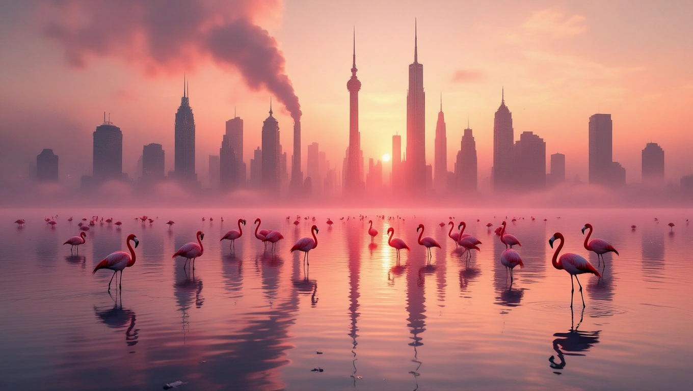 Eine Gruppe von Flamingos steht elegant im Wasser vor einer Stadtlandschaft bei Sonnenuntergang.
