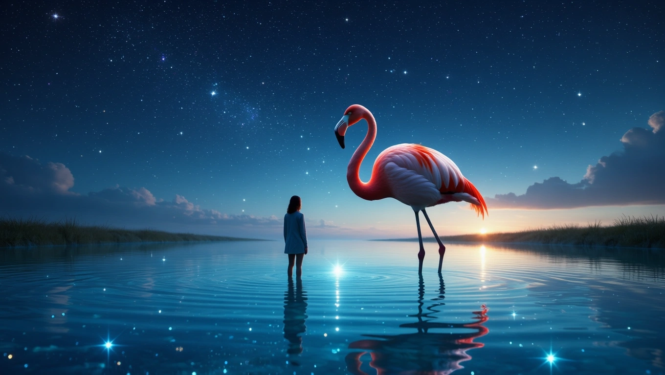 Ein Flamingo steht majestätisch im Wasser, während ein Kind ihm gegenübersteht.