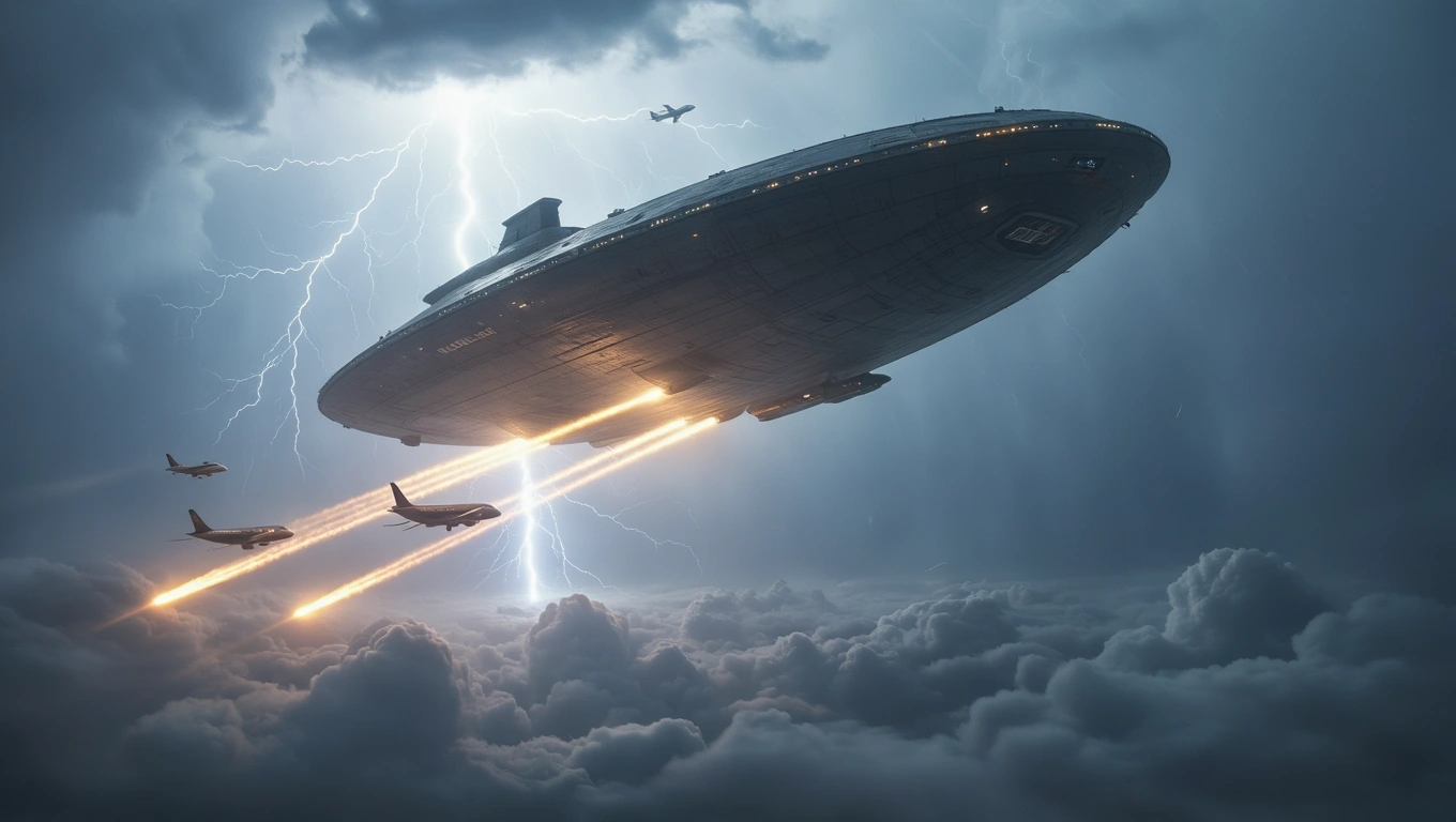 Ein futuristischer Flugzeugträger schwebt über stürmischen Wolken mit Blitzen.