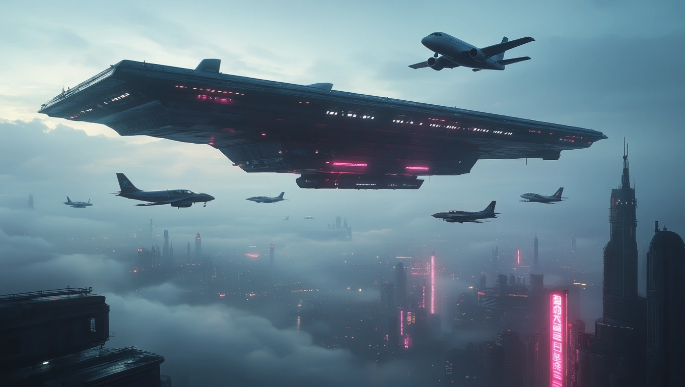 Ein futuristischer Flugzeugträger schwebt über einer Stadt, umgeben von Flugzeugen und Nebel.