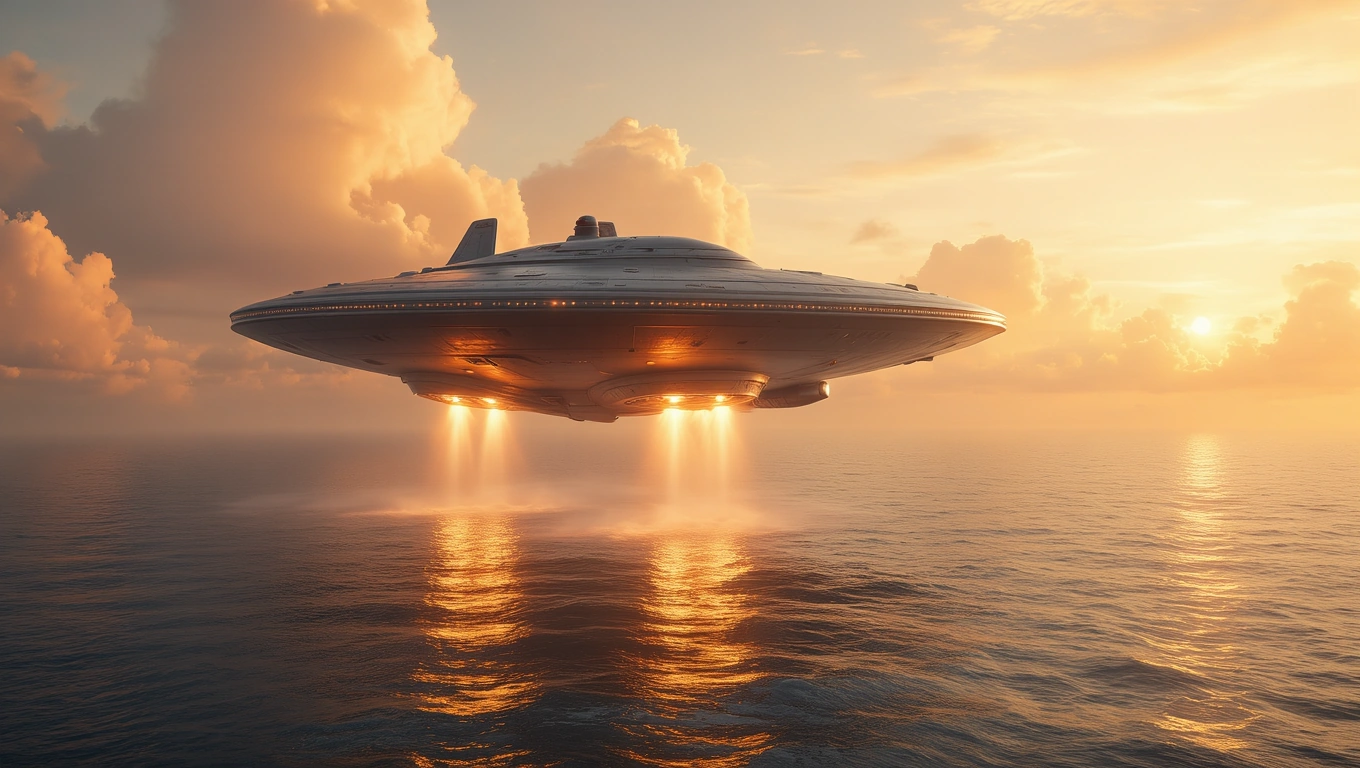 Ein futuristisches Flugzeugträger-ähnliches Objekt schwebt über dem Wasser bei Sonnenuntergang.