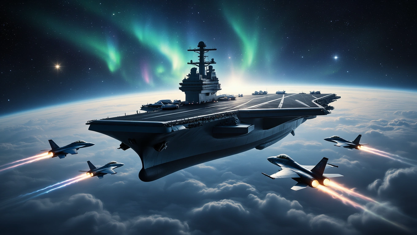 Ein Flugzeugträger schwebt über Wolken, umgeben von Jets und Nordlichtern.