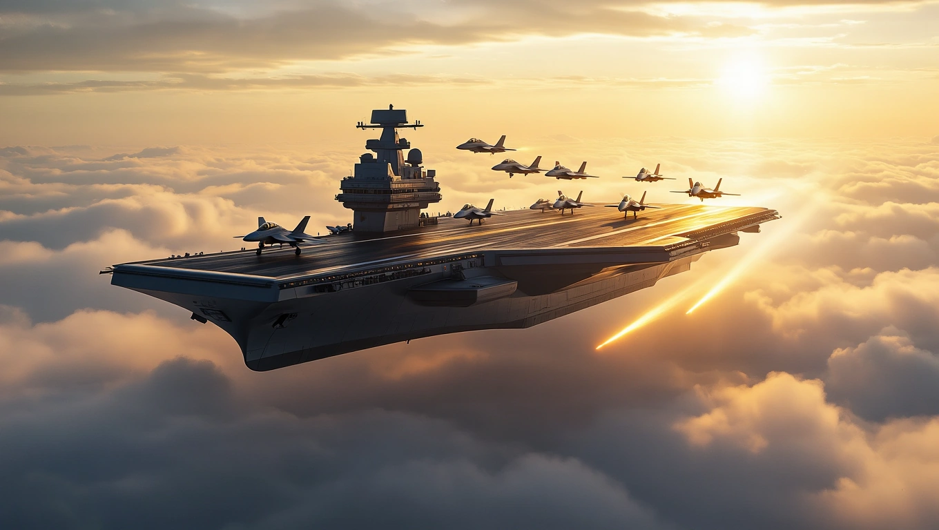 Ein Flugzeugträger schwebt über den Wolken, umgeben von Kampfflugzeugen.