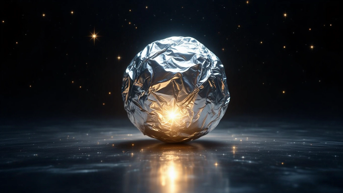 Eine glänzende, zerknüllte Folie, die in einem dunklen Raum leuchtet.