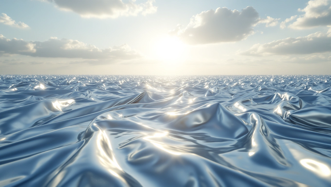 Eine glänzende, wellige Folie reflektiert das Licht der Sonne am Horizont.