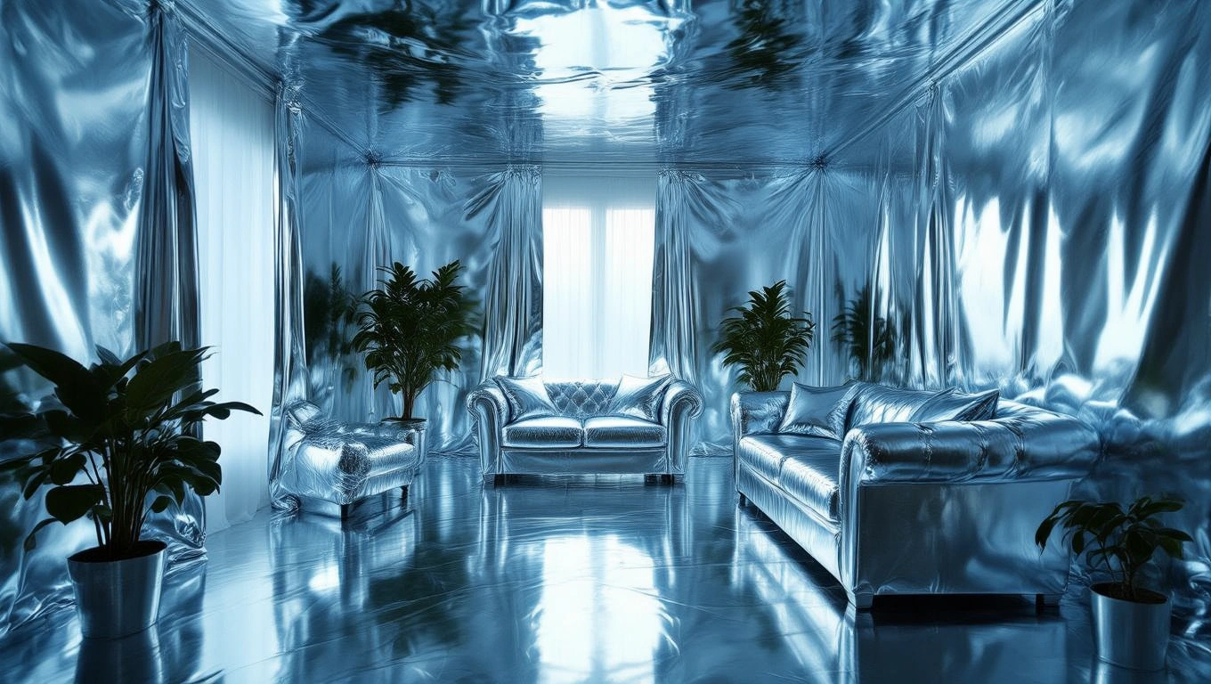 Ein Raum mit glänzender Folie an Wänden und Möbeln, Pflanzen im Vordergrund.