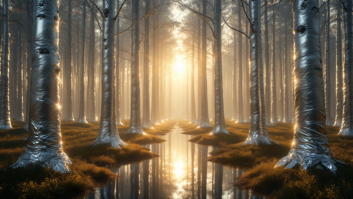 Ein mystischer Wald mit Bäumen, die in Folie eingewickelt sind, im sanften Licht der Morgensonne.