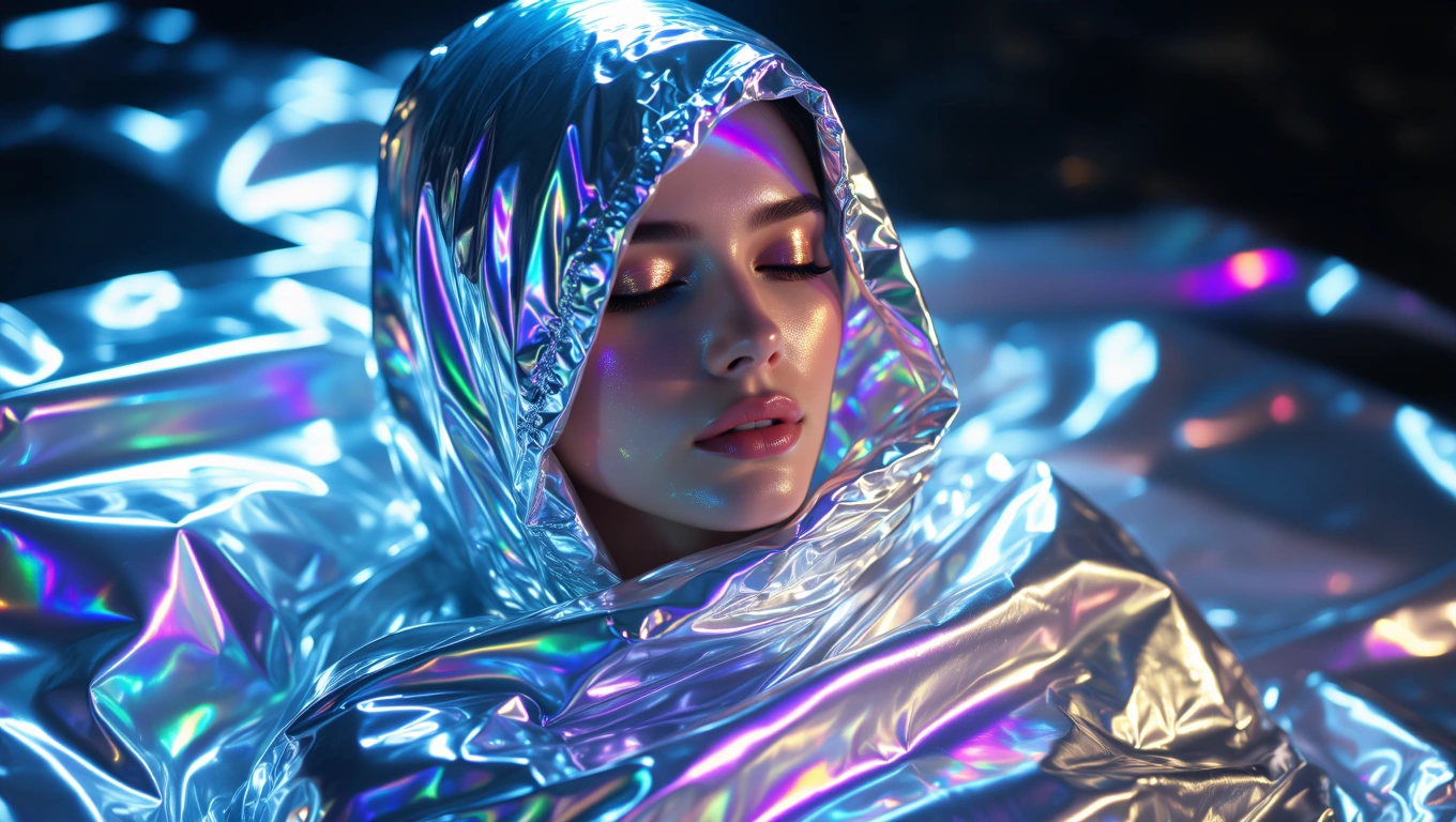 Eine Person in glänzender Folie, die eine mysteriöse und schützende Aura ausstrahlt.