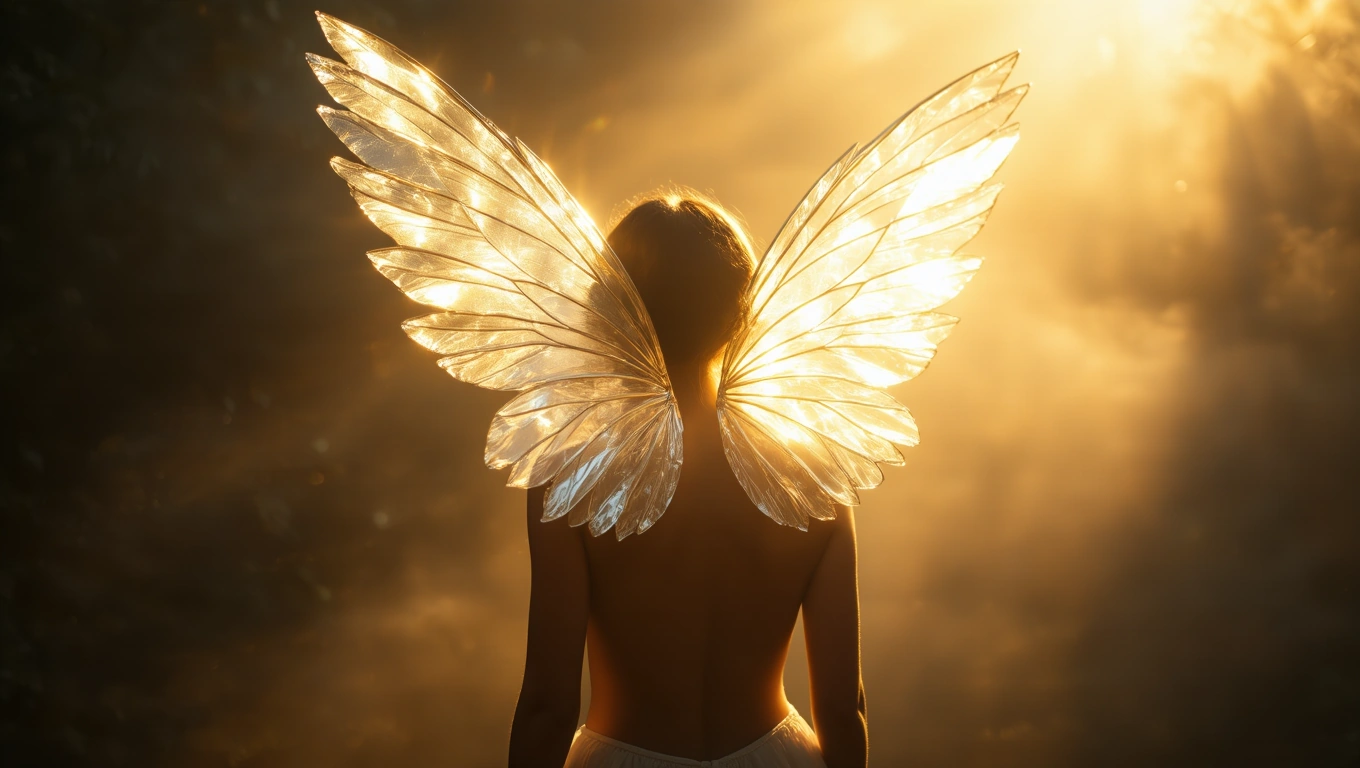 Eine Person mit transparenten Flügeln steht im Licht, symbolisiert Freiheit und Offenheit.