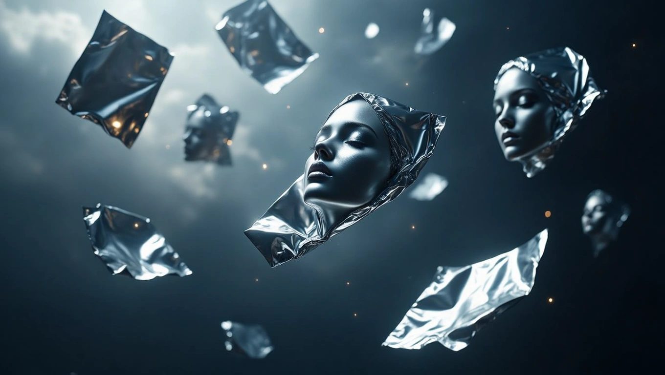 Eine schimmernde Folie umhüllt stilisierte Gesichter, die in der Luft schweben.