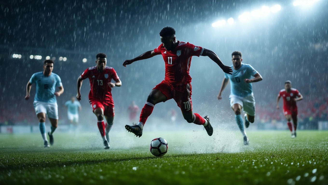 Ein Fußballspieler in rotem Trikot dribbelt im Regen während eines Spiels.