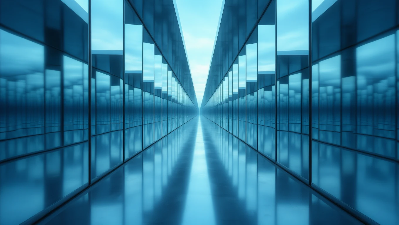 Ein langer, schmaler Gang mit spiegelnden Wänden und blauer Beleuchtung.