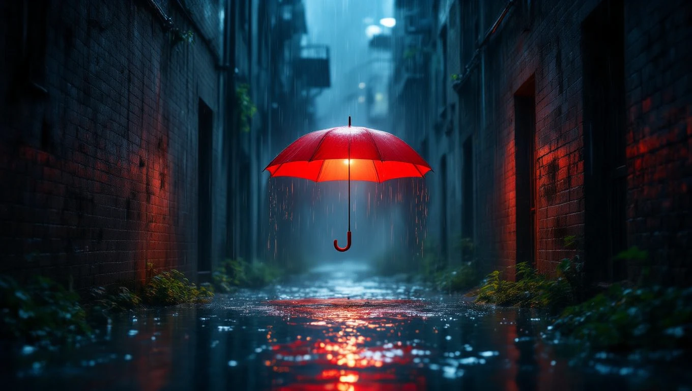 Ein roter Regenschirm hängt in einer dunklen, regnerischen Gasse.