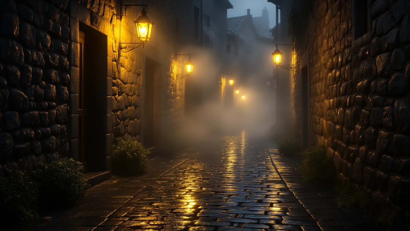 Eine neblige Gasse mit warmem Licht von Laternen und nassen Pflastersteinen.