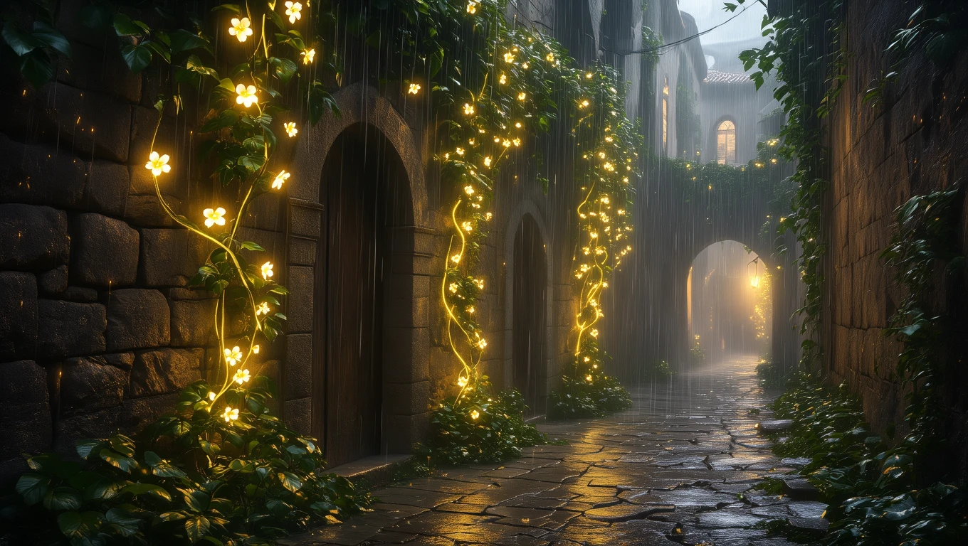 Eine romantische Gasse mit leuchtenden Blumen und Regen, die eine geheimnisvolle Atmosphäre schafft.
