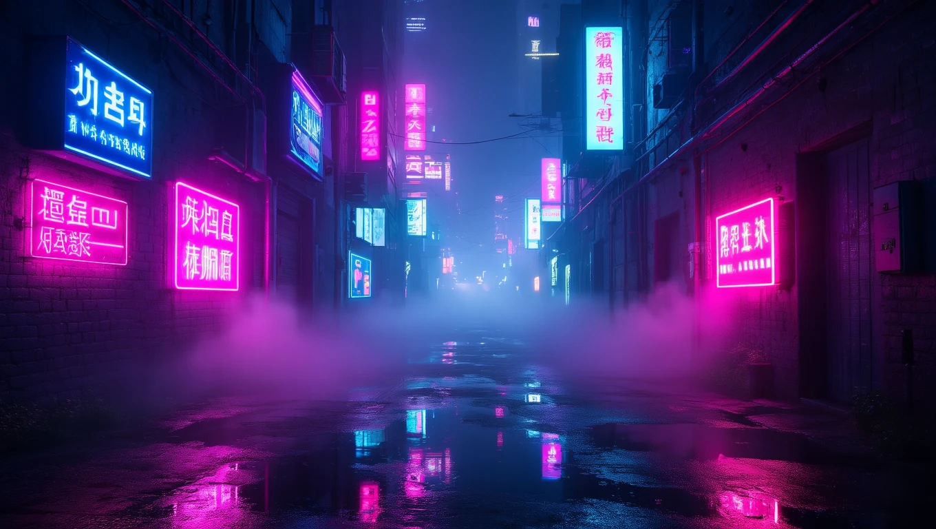 Eine neblige Gasse mit leuchtenden Neonlichtern, die eine geheimnisvolle Atmosphäre schafft.