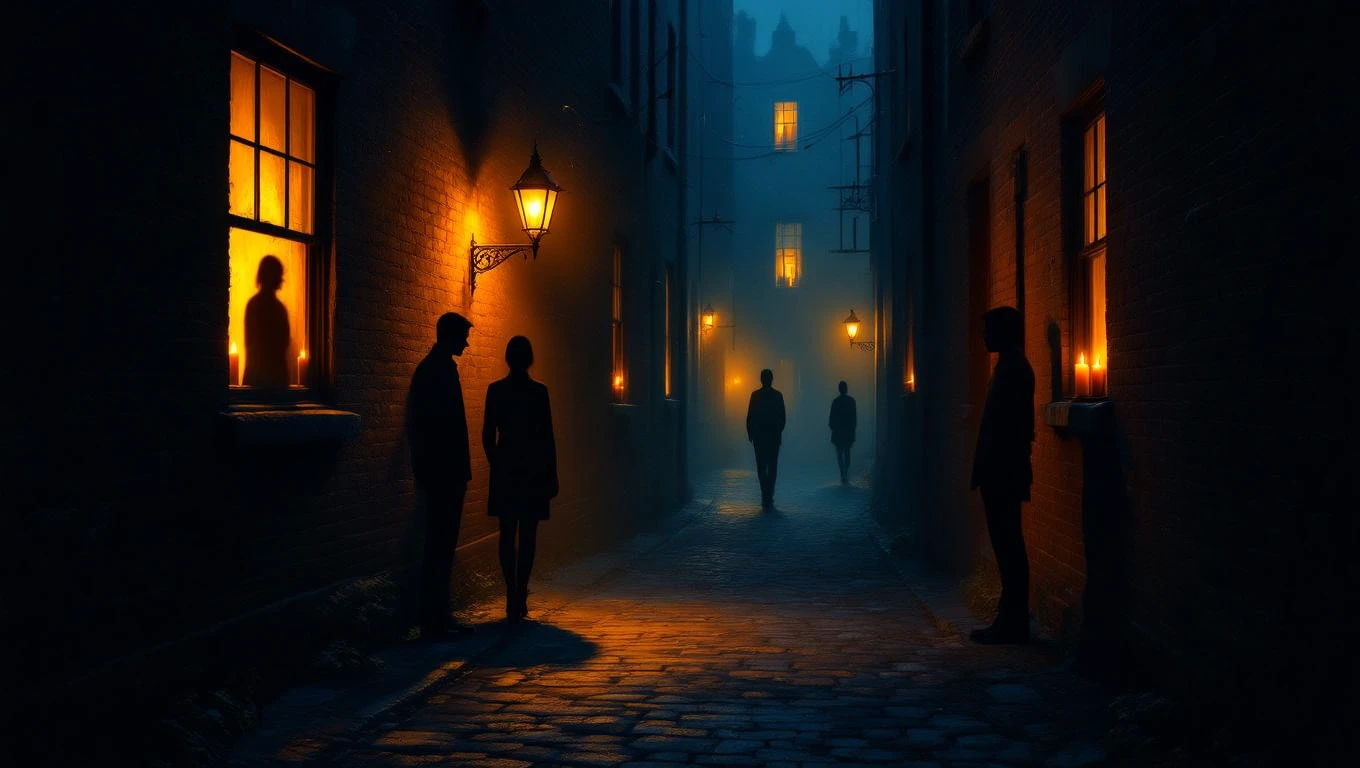 Dunkle Gasse mit schummrigen Laternen und Silhouetten von Menschen.