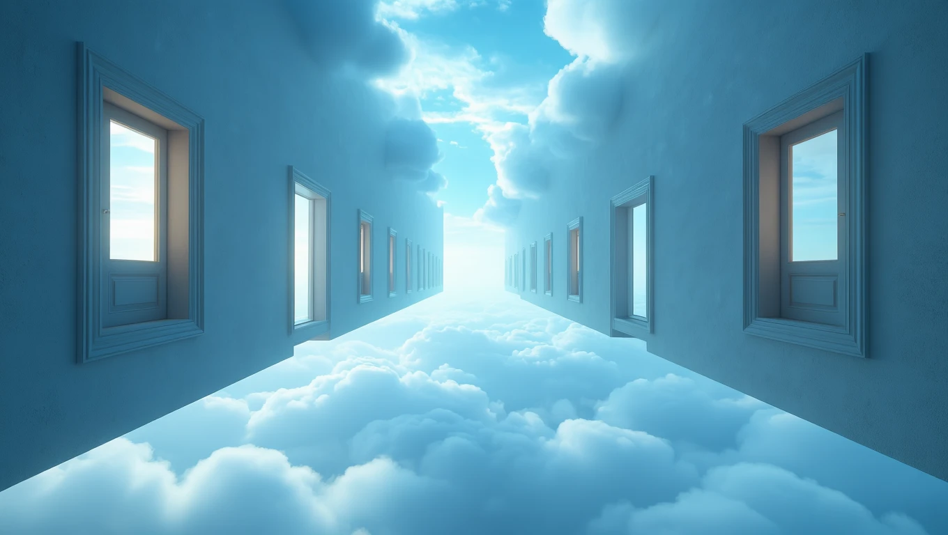 Eine surrealistische Gasse mit offenen Türen, die in den Himmel führt.