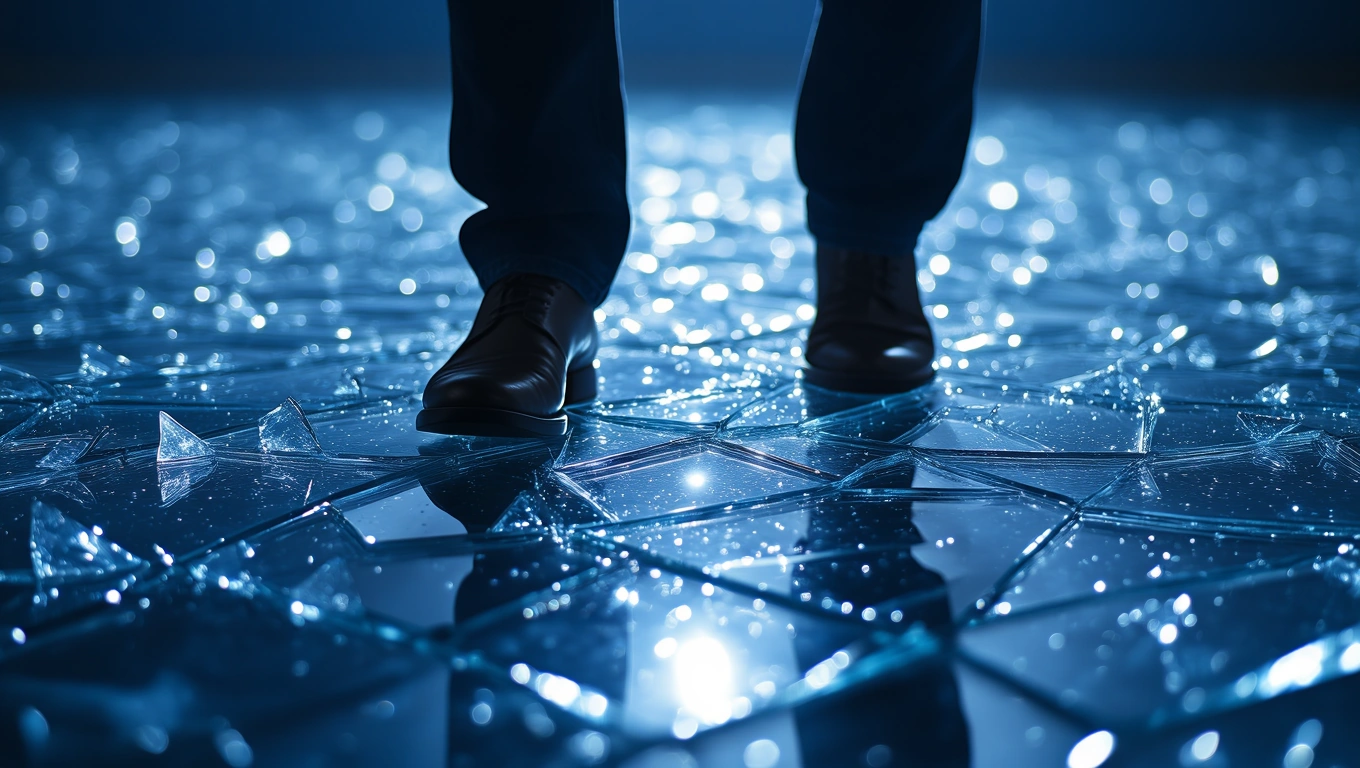 Eine Person steht auf zerbrochenem Glas, das im Licht funkelt.