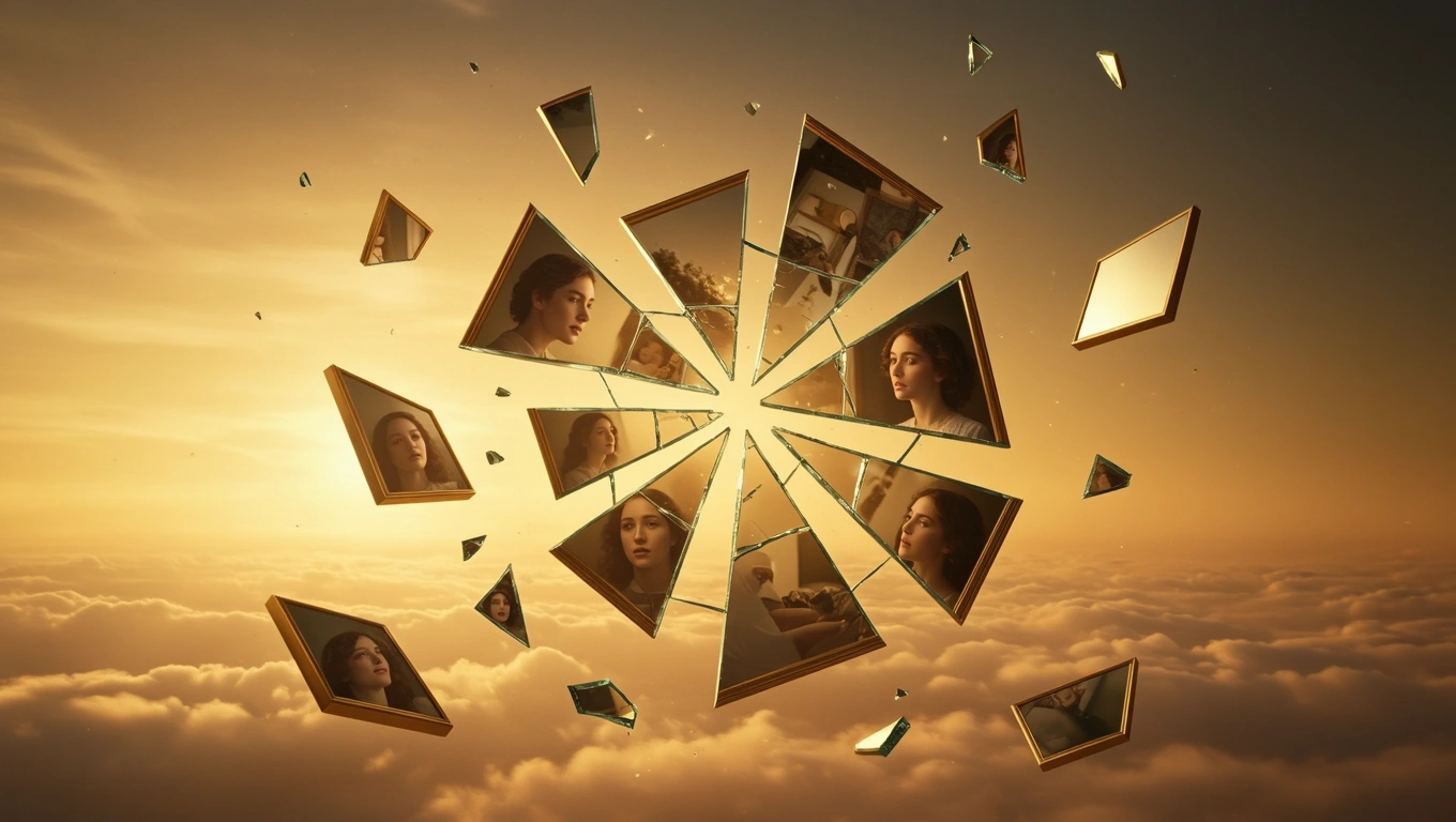 Zerbrochenes Glas in Form von Spiegeln, die verschiedene Gesichter reflektieren.