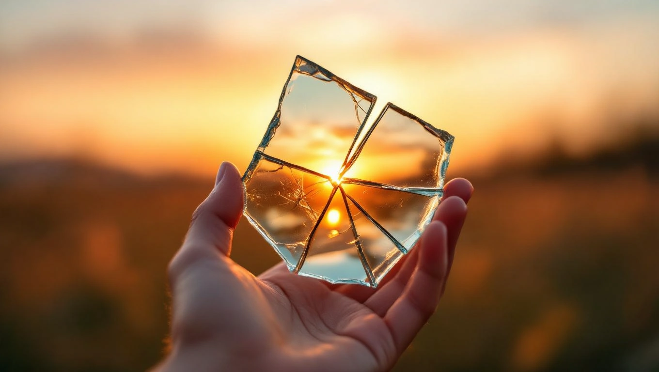 Eine Hand hält ein Stück zerbrochenes Glas, durch das die Sonne scheint.