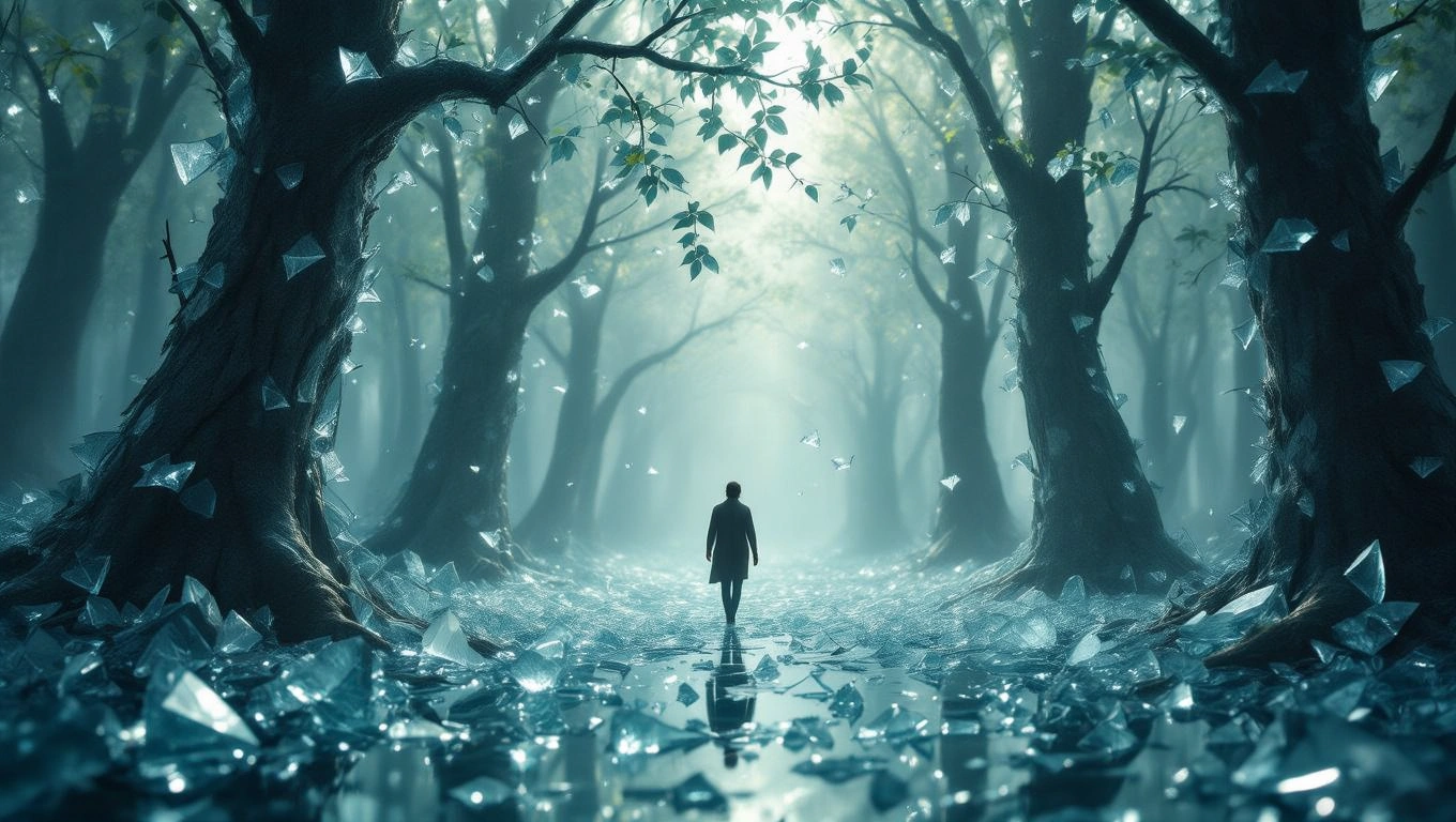 Eine Person steht in einem nebligen Wald, umgeben von zerbrochenem Glas.