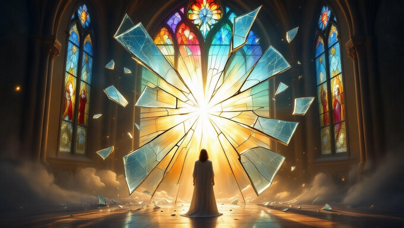 Eine Person steht vor einem zerbrochenen Glasfenster in einer Kirche, das Licht durchbricht.