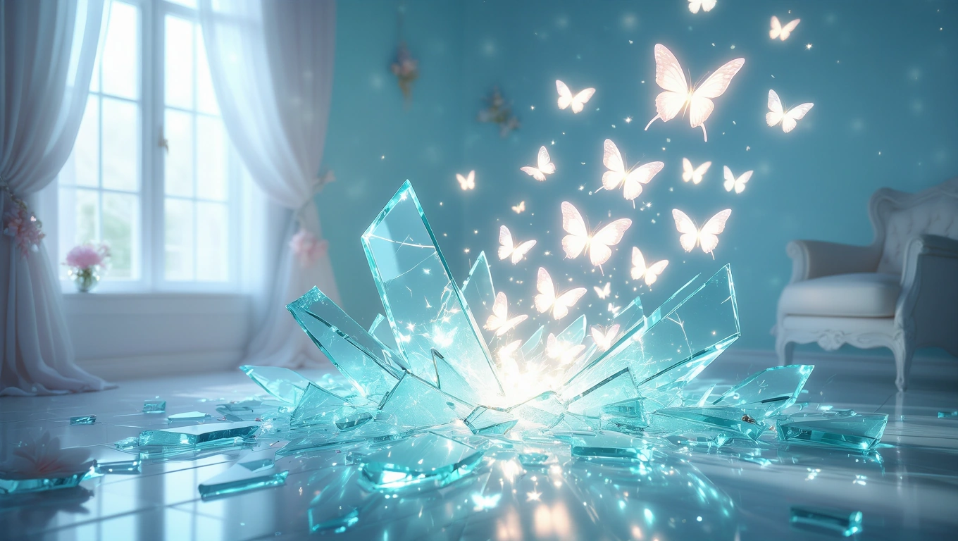 Zerbrochenes Glas auf dem Boden, umgeben von schimmernden Schmetterlingen.