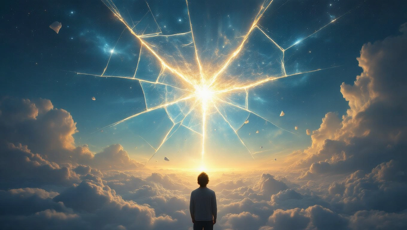 Ein Mensch steht vor einem zerbrochenen Glas, das den Himmel erleuchtet.