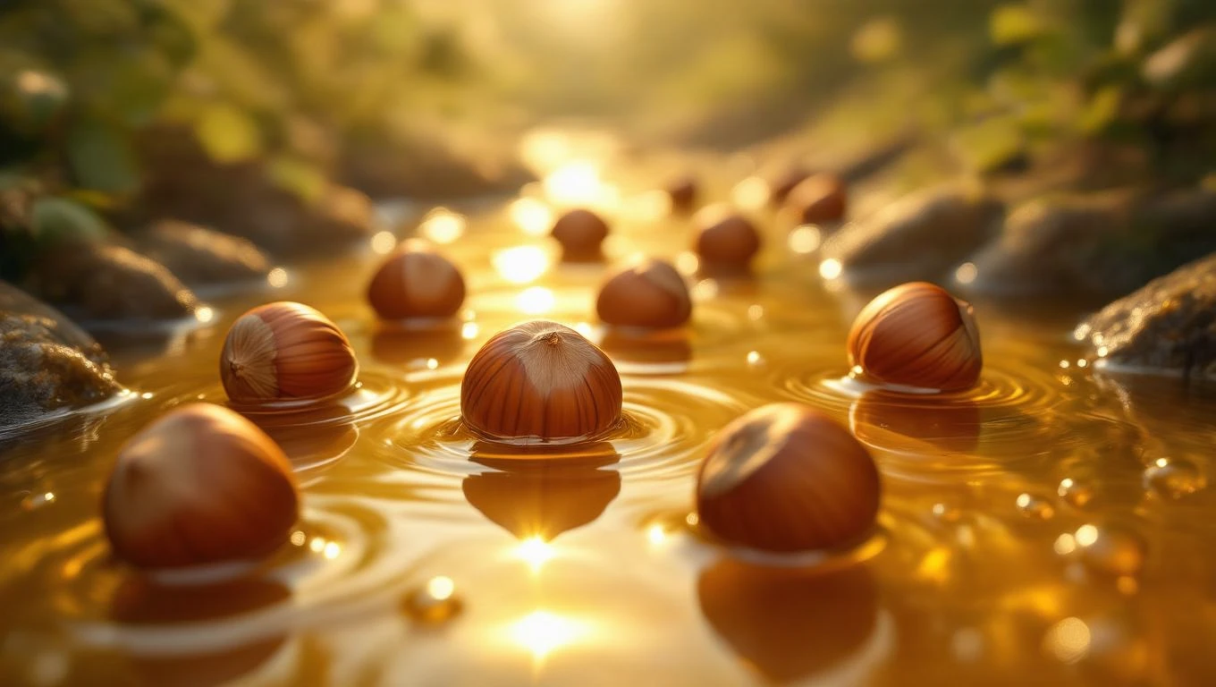 Haselnüsse schwimmen in goldenem Wasser, umgeben von sanften Wellen.