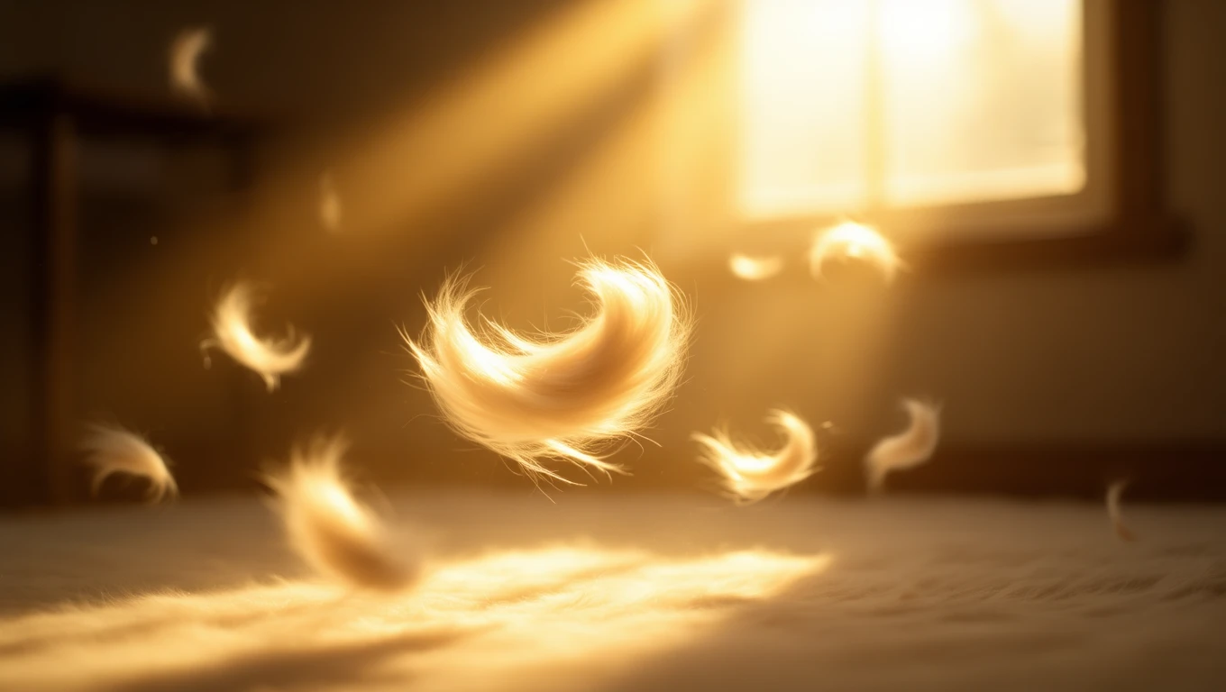 Sanfte Hundehaare schweben im Licht eines Raumes, symbolisch für emotionale Bindungen.