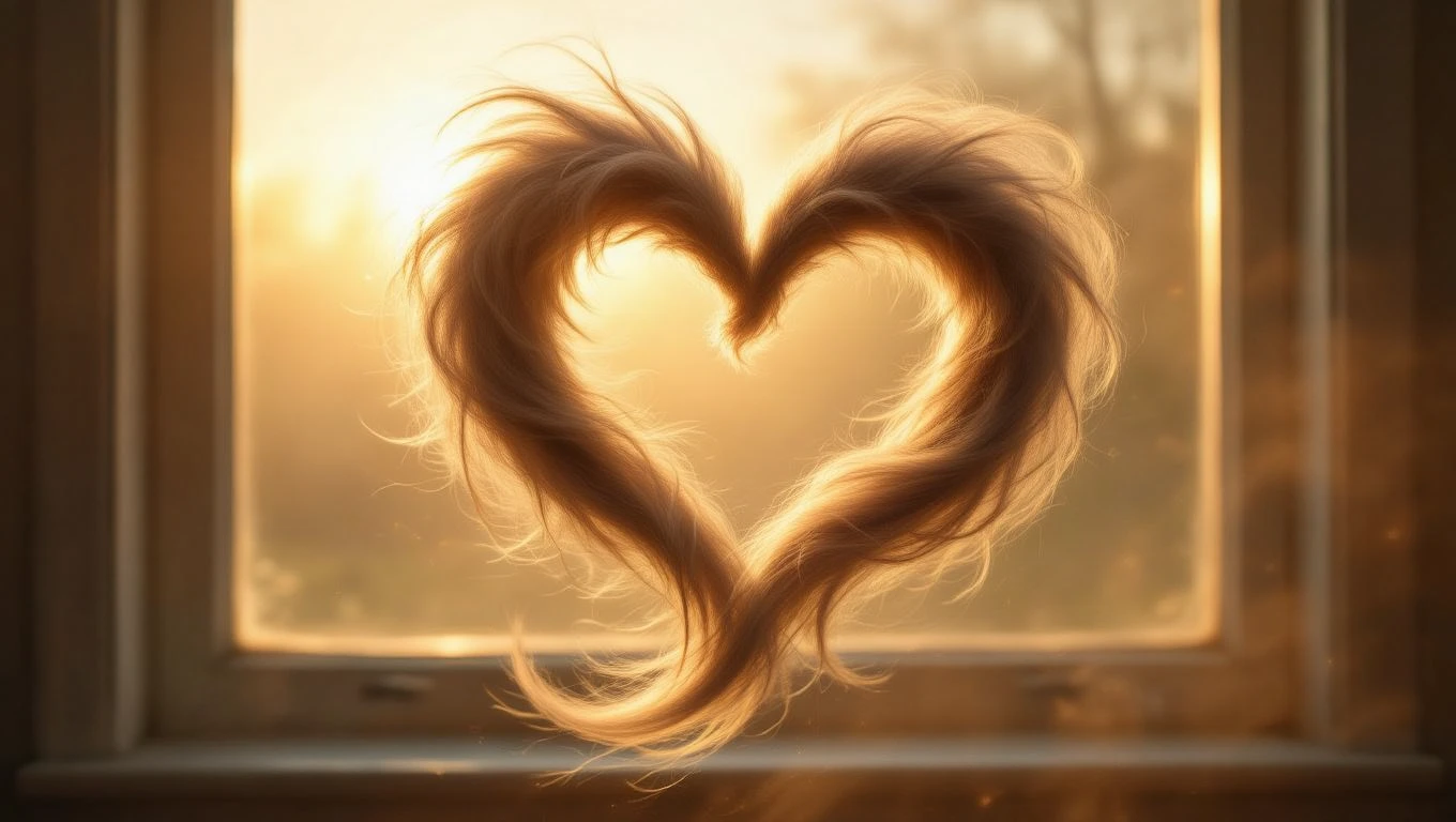 Ein Herz aus Hundehaaren, das im Sonnenlicht vor einem Fenster schimmert.