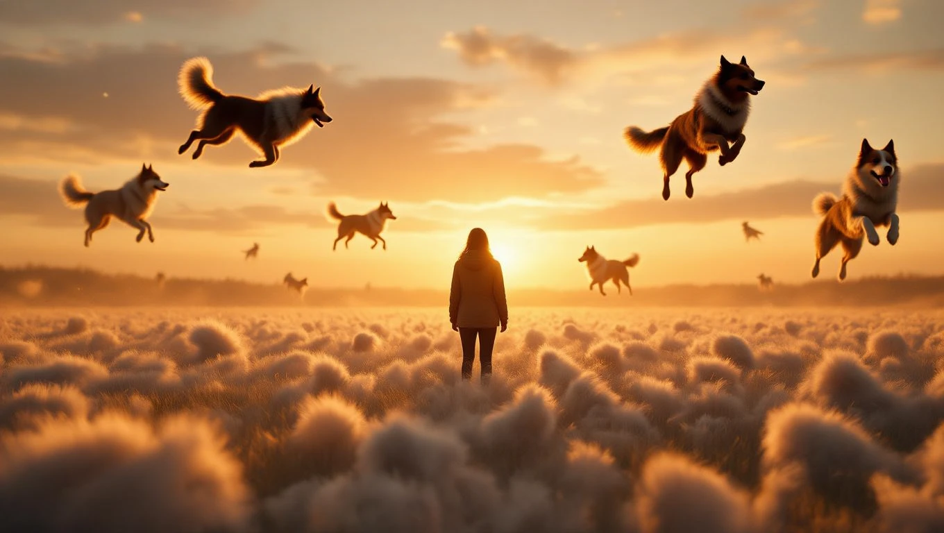 Eine Person steht in einem Feld voller Hundehaare, umgeben von springenden Hunden bei Sonnenuntergang.