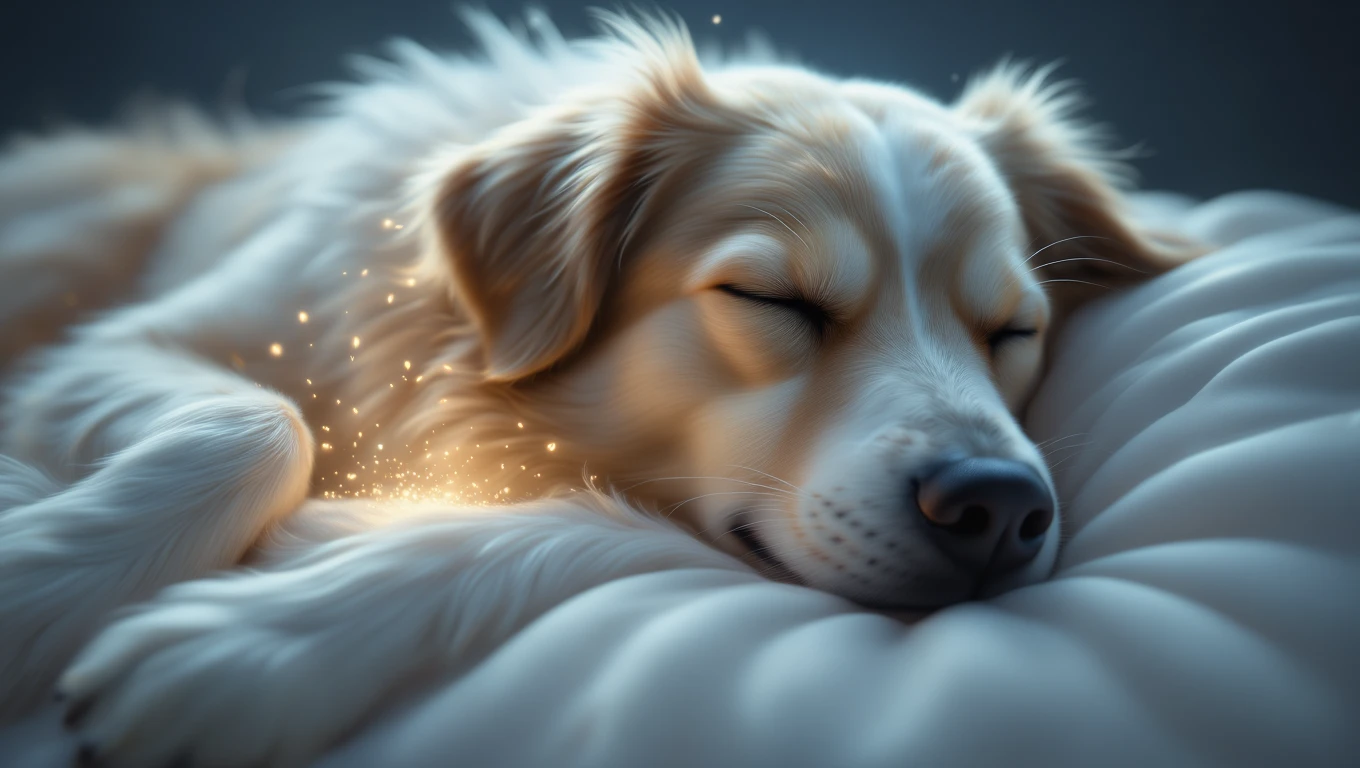 Ein schlafender Hund mit weichem Fell auf einem Kissen, umgeben von sanftem Licht.