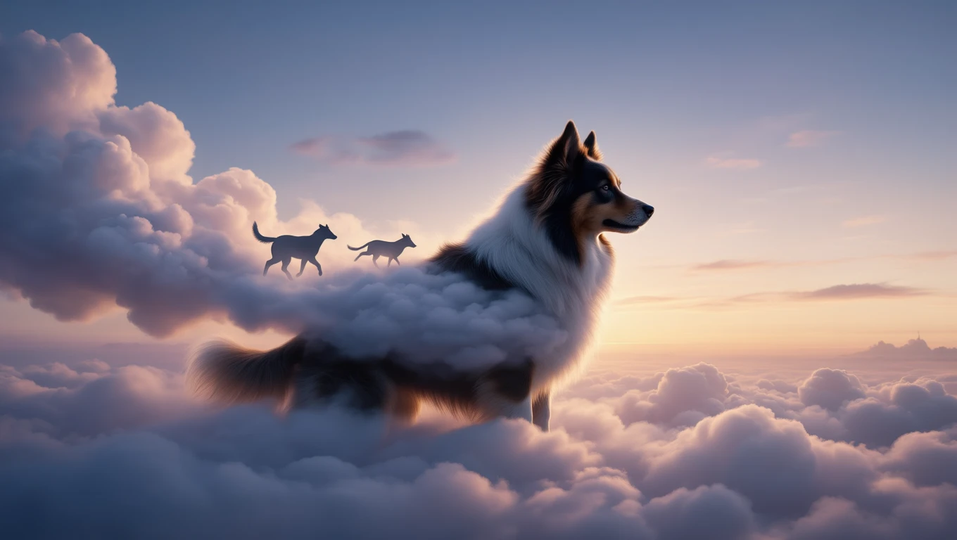 Ein Hund steht majestätisch auf einer Wolke, umgeben von sanften Farben des Sonnenuntergangs.