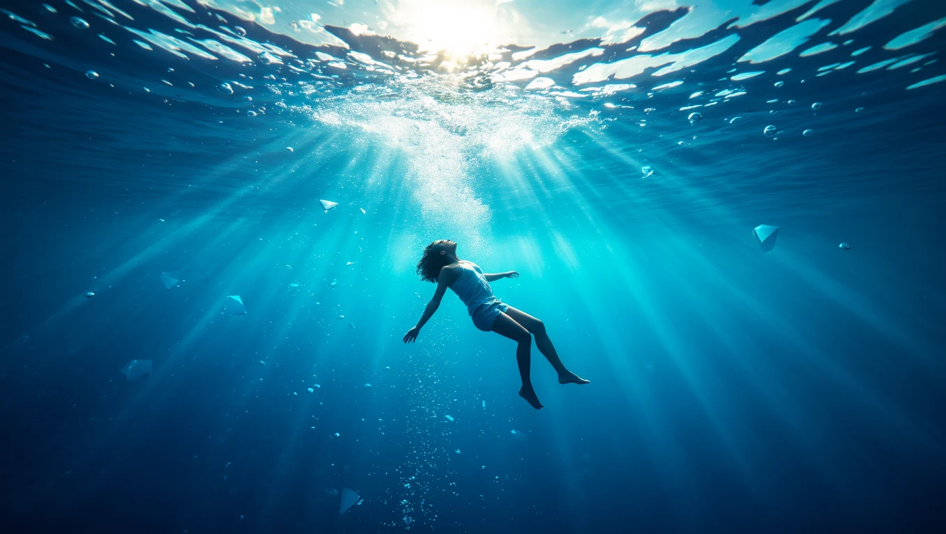 Eine Person schwebt unter Wasser, umgeben von Lichtstrahlen und Blasen.