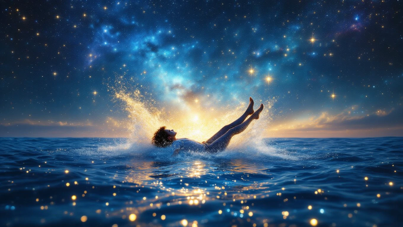 Eine Person fällt ins Wasser, umgeben von funkelnden Sternen und einem mystischen Himmel.