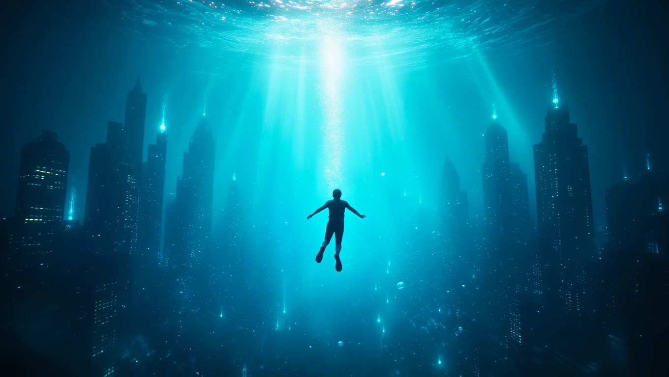 Ein Mensch schwebt unter Wasser in einer urbanen Umgebung mit Gebäuden.