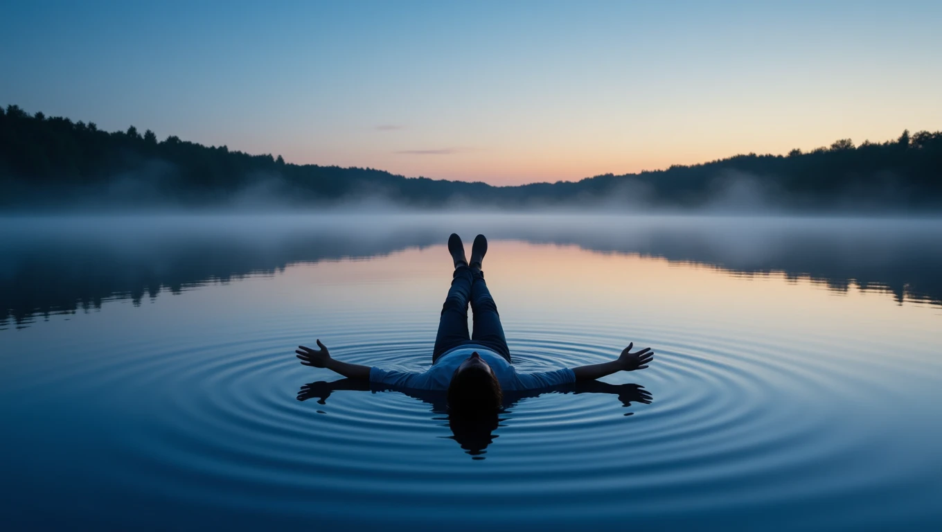 Eine Person liegt entspannt auf der Wasseroberfläche eines ruhigen Sees.